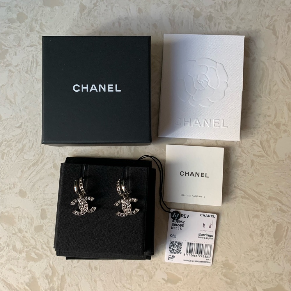 CHANEL Silver Crystal CC Drop Earrings